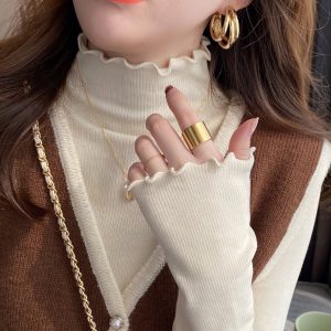 Women's Ruffle Trim Half Turtleneck Knit Top 2026 Fall Winter Long Sleeve Base Layer