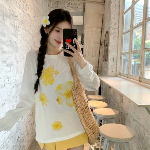 Women's Long Sleeve Two-Piece Set White Top Yellow Skirt