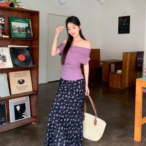 Purple Off-Shoulder Short-Sleeve Top and Floral Skirt Two-Piece Set for Women Summer Sweet Style