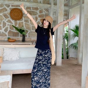 Navy Top and Floral Skirt Two-Piece Set for Women Summer