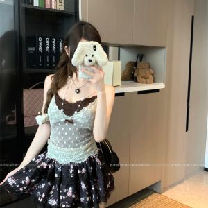Women's Summer Two-Piece Set with Lace Bow Cami Top and Floral Mini Skirt