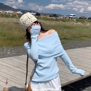 Women's Off-Shoulder Knit Top Long Sleeve One-Shoulder Sweater