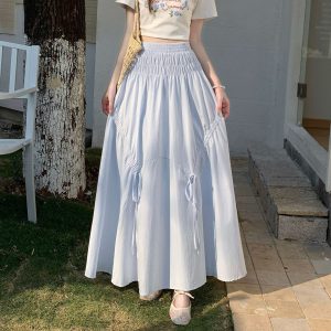 2026 Spring Summer Tencel Cotton Pleated Elastic Waist Bow Midi Skirt Women Loose Versatile Umbrella Skirt