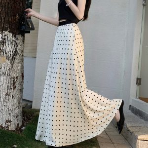Elegant Retro Polka Dot Satin Long Skirt for Women 2026 Spring Summer New Fishtail Slimming A-Line Skirt