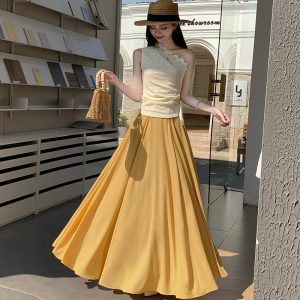 2026 Spring Summer Elegant Solid Color Hepburn Style Flared Skirt with Ruffle Hem