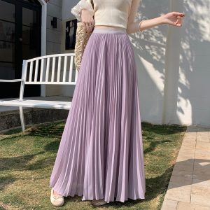 French Style High Waist Pleated Flowy Long Skirt