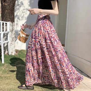 Elegant Vintage Floral High Waist Ruffle Long Skirt for Women Summer 2026