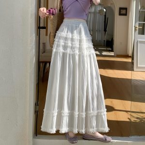 100% Washed Cotton Ruffled High Waist Loose Slimming Sweet Cream Cake Long Skirt