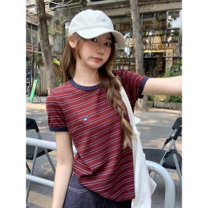 Retro Striped Color Block Cartoon Embroidered Short Sleeve T-Shirt for Women 2026 Early Spring Round Neck Loose Versatile Top