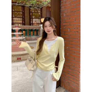 Women's Color Block Faux Two-Piece Long Sleeve T-Shirt 2026 Drawstring Waist Slimming Top