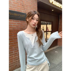 Women's 2026 Spring Color Block Faux Two Piece Drawstring Waist Slimming Long Sleeve T-Shirt