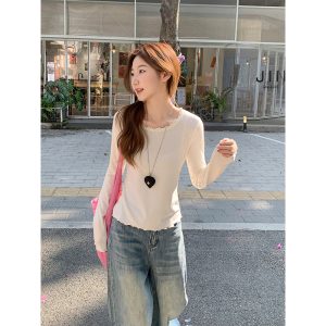 Women's Solid Color Long Sleeve T-Shirt with Ruffle Trim Spring Slim Fit Cropped Base Layer Top