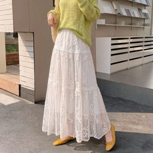 Women's Sweet 3D Flower Lace Long Skirt 2026 Spring Korean Style
