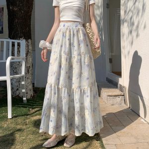 Women's Embroidered Tiered Midi Skirt Fresh Pastoral Style Elastic Waist