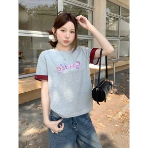 Women's Crew Neck Color Block Letter Embroidered T-Shirt Summer Casual Loose Basic Top