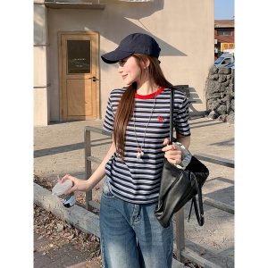 Women's Embroidered Striped Short Sleeve T-Shirt Summer Retro Casual Top