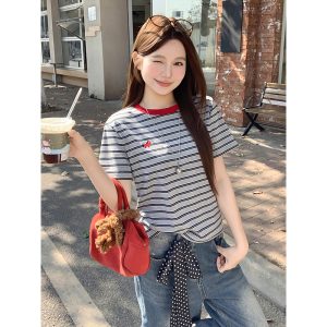 Korean Color Block Striped Round Neck Short Sleeve T-Shirt Women 2026 Summer New Fashion Loose Casual Versatile Top