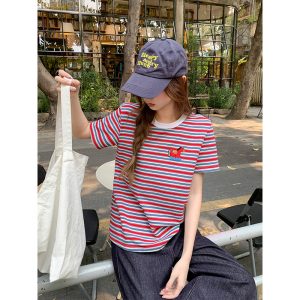 Striped Color Block Pony Embroidery Crew Neck Regular Shoulder Short Sleeve T-Shirt for Women 2026 New Niche Design Unique Top