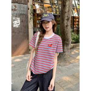 Cartoon Embroidered Striped Color-Block Crew Neck Short Sleeve T-Shirt for Women 2026 Summer Loose Casual Top