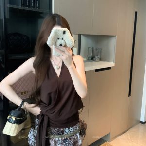 Women's Summer Two-Piece Set Sleeveless Ribbon Tank Top and Leopard Print Skirt