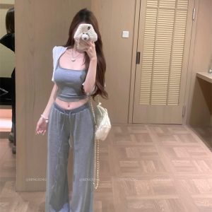 Women's Striped Cami and Straight Pants Two-Piece Set Summer Cotton Knit