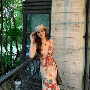 Women's Summer Floral Ruffle V-Neck Spaghetti Strap Dress