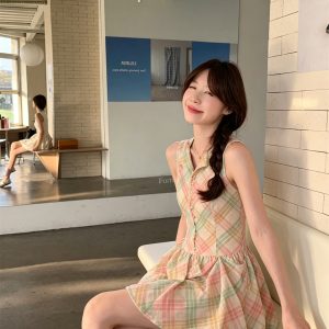 Sweet Color Block Argyle Sleeveless Puff Dress