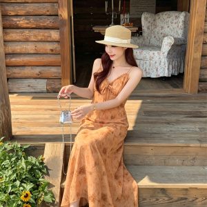 Orange Floral Sleeveless A-Line Vacation Dress
