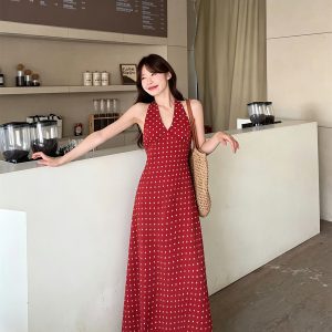 Polka Dot Halter Sleeveless A-Line Dress - Style bc22e1