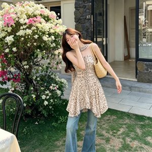 Leopard Print Strapless Ruffled Mini Dress with Ribbon Accent
