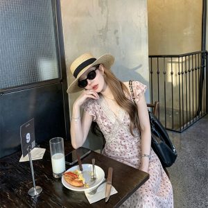 Floral Lace Trim V-Neck Ruffle Sleeve A-Line Dress