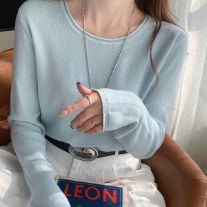 Women's Blue Knit Sweater 2026 Fall Winter Crew Neck Pullover Top