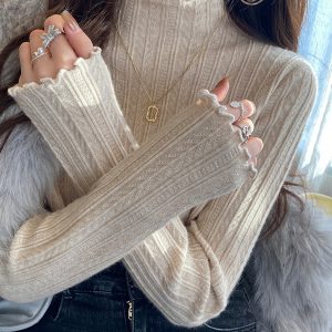 Women's Cashmere Knit Sweater 2026 Fall Half Turtleneck Long Sleeve Hollow Out Top