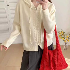 Women's Zip-Up Knit Cardigan 2026 Fall Hooded Style Slimming Sweater Coat